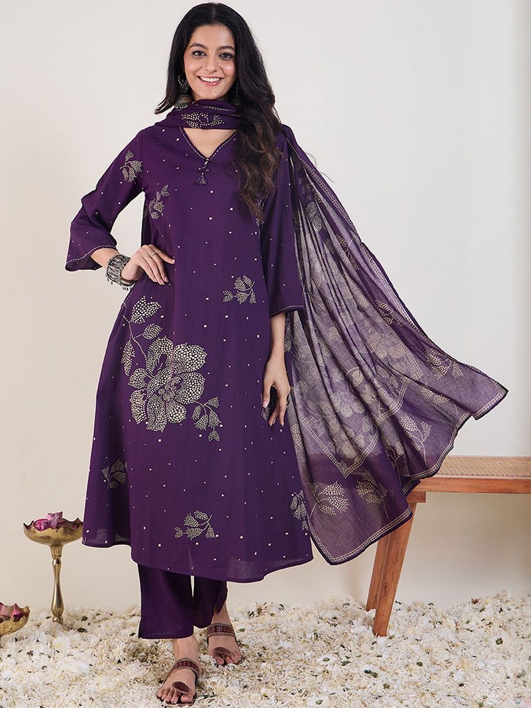 Ethnic Motifs Printed V-Neck Pure Cotton Anarkali Kurta With Trousers & Dupatta