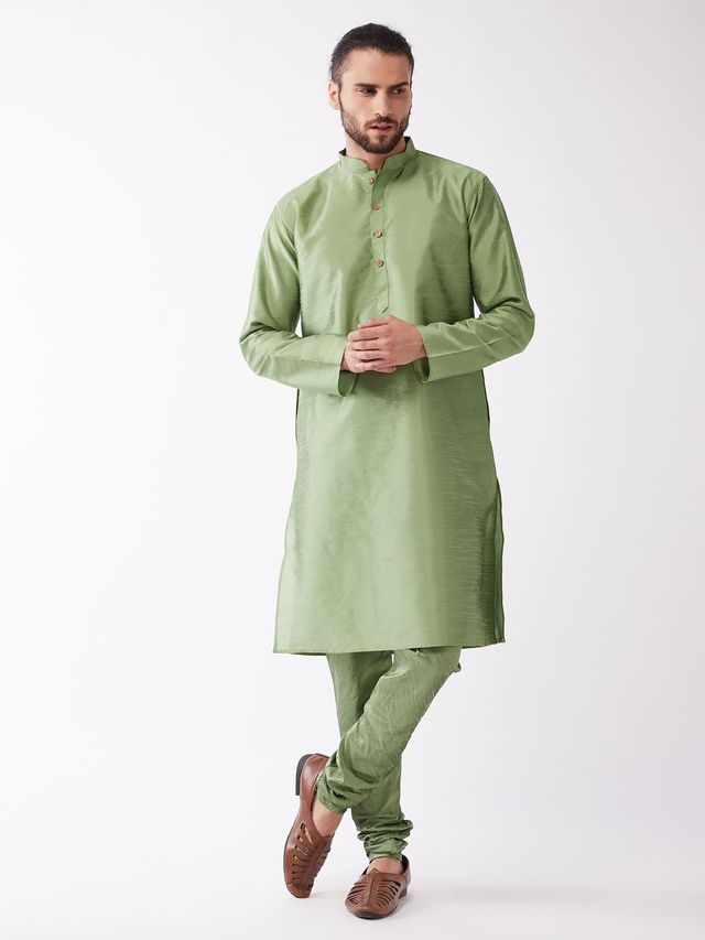 Men's Mint Green Silk Blend Straight Kurta Pyjama Set