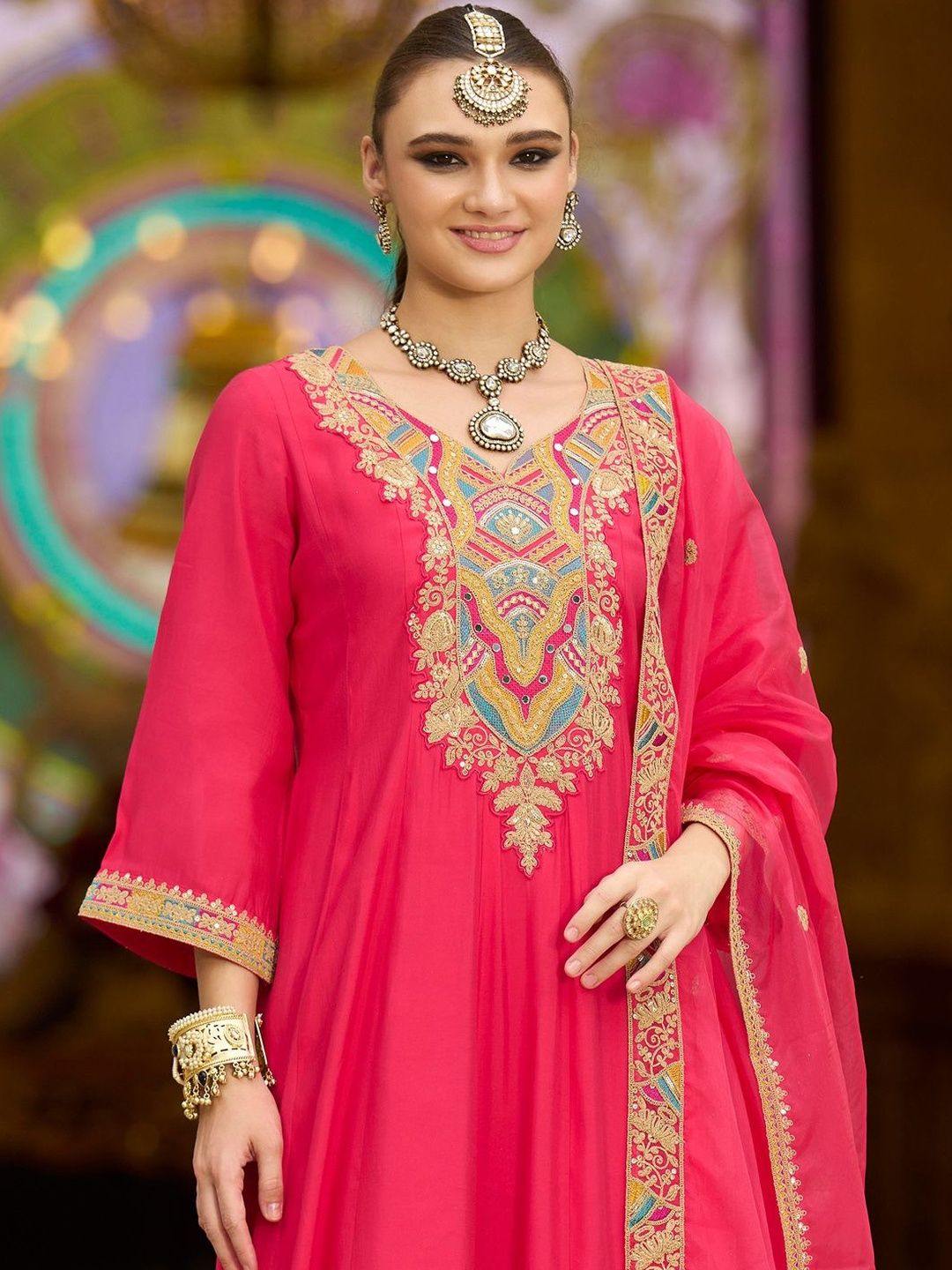 Women Geometric Embroidered A-Line Kurta with Trousers & Dupatta