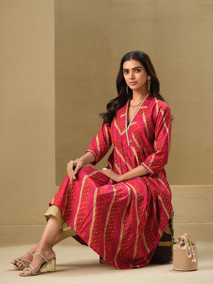 Dhiyona SN Women's Leheriya Printed A-Line Kurta & Trousers Set