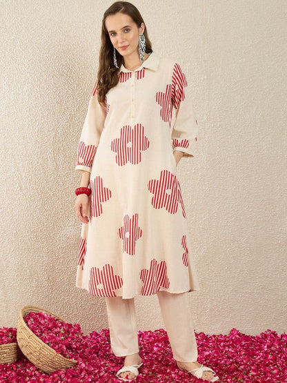 Floral Printed Pure Cotton A Line Kurta With Trousers