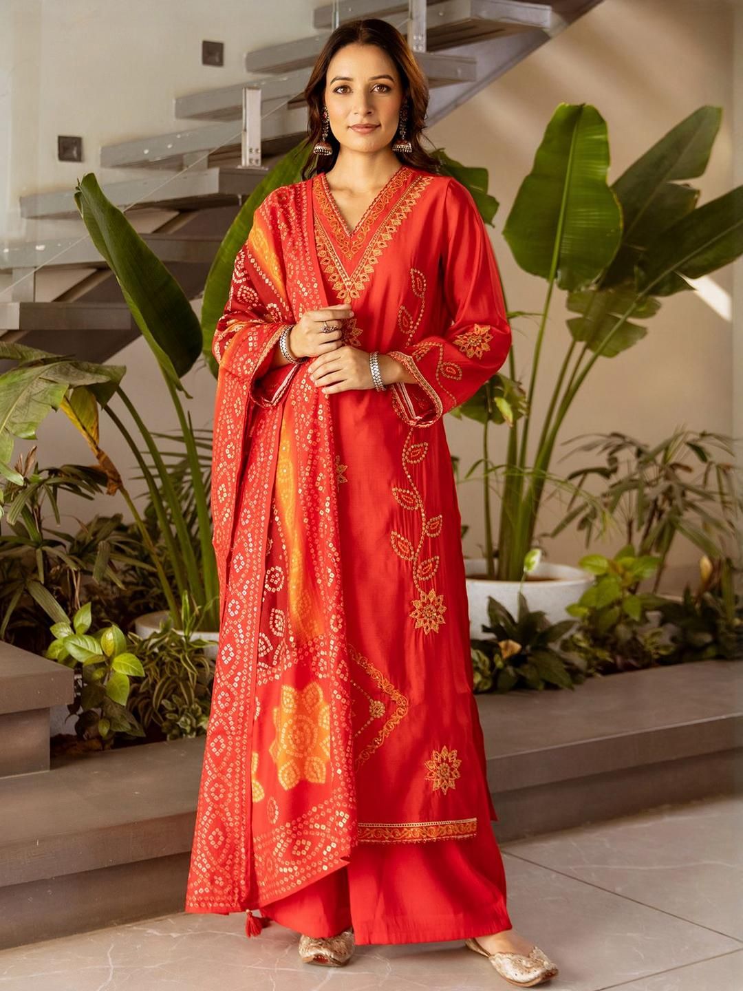 Bandhani Embroidered Straight Sequinned Kurta With Palazzos & Dupatta