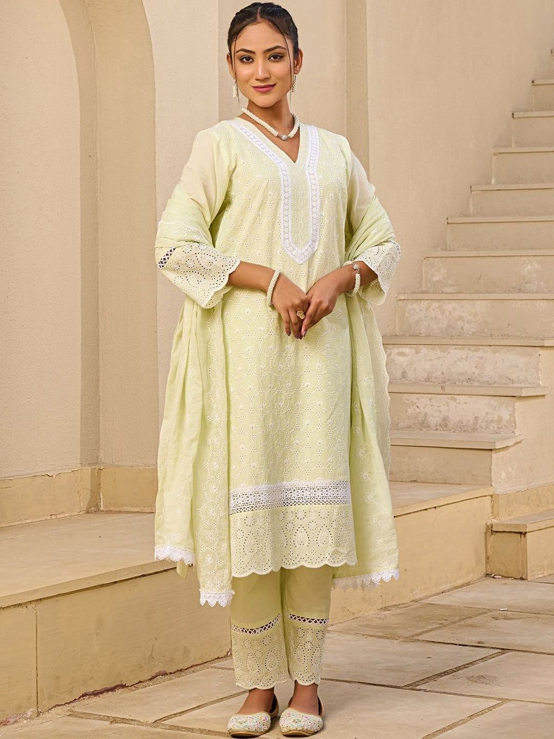 Women Ethnic Motifs Embroidered Regular Chikankari Pure Cotton Kurta with Trousers & With Dupatta
