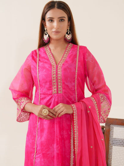 Dhiyona PD Women Floral Embroidered V-Neck Organza A-Line Kurta With Trousers & Dupatta