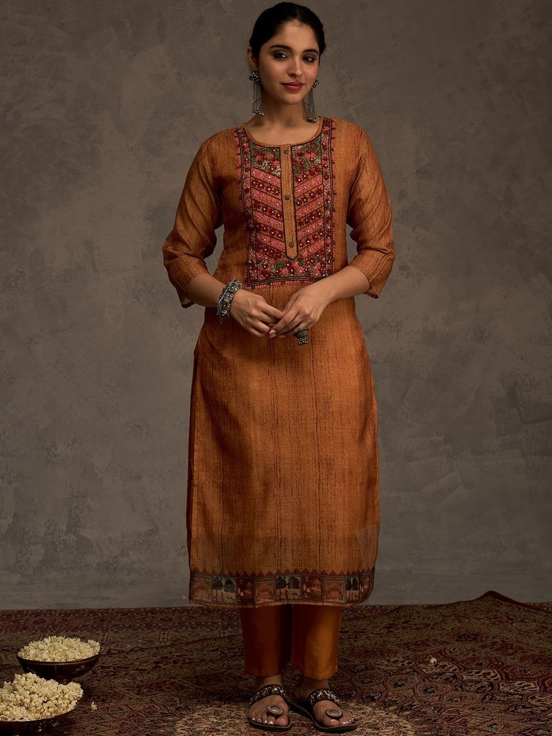 Ethnic Motifs Yoke Design Sequinned Chanderi Cotton Kurta With Trousers & Dupatta