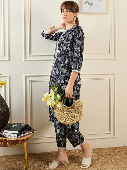 Dhiyona IE Women Floral Printed Regular Pure Cotton Kurta with Trousers