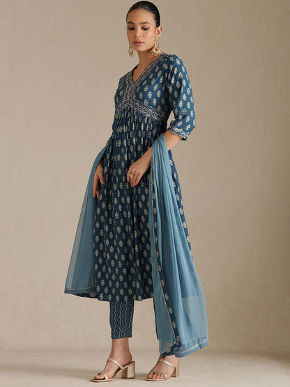 Dhiyona SO Women's Floral Printed V-Neck Empire Sequinned A-Line Kurta With Trouser And Dupatta