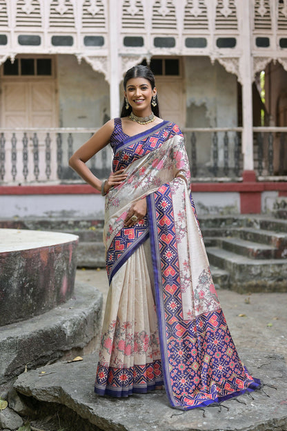 Women Yogita Patola Blue Saree With Unstiched Blouse