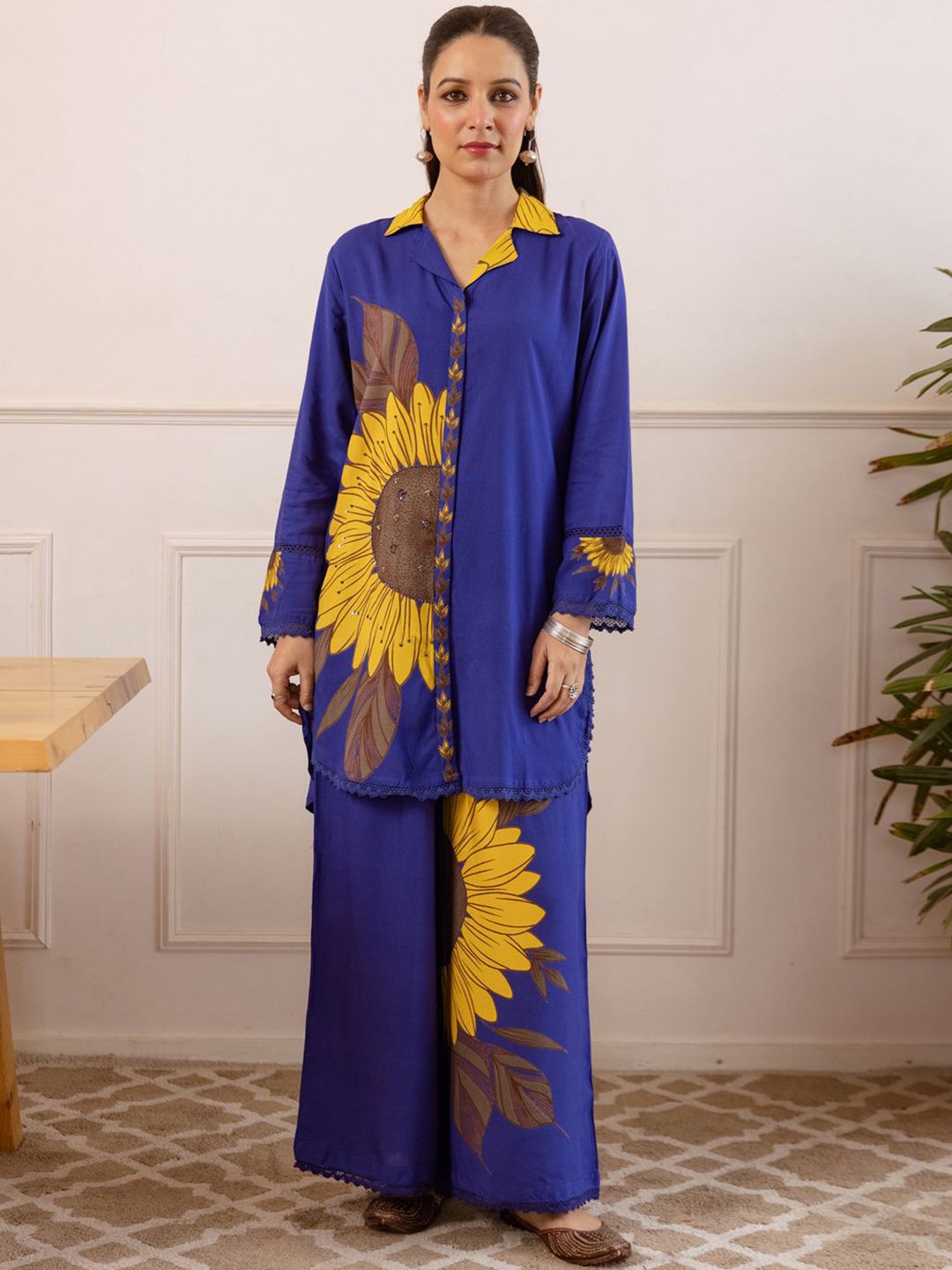 Dhiyona IE Printed Mandarin Collar Long Sleeves Shirt & Palazzo