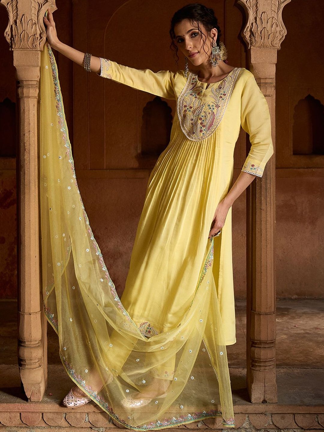 Dhiyona CH Floral Embroidered Sequinned Straight Kurta With Trousers & Dupatta