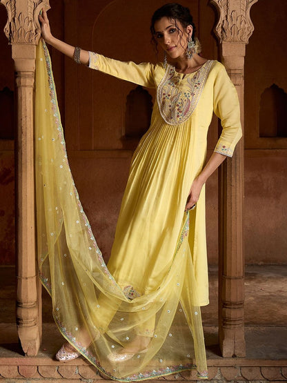 Dhiyona CH Floral Embroidered Sequinned Straight Kurta With Trousers & Dupatta