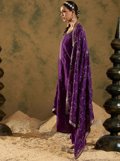 Dhiyona IE Floral Embroidered Sequinned Straight Kurta with Trousers & Dupatta