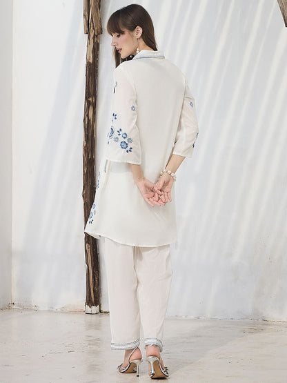 Dhiyona IE Floral Embroidered Pure Cotton Shirt Collar Tunic With Trousers