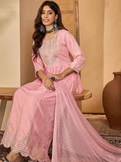 Dhiyona SN Women's Floral Embroidered Sequinned A-line Kurta With Trousers & Dupatta