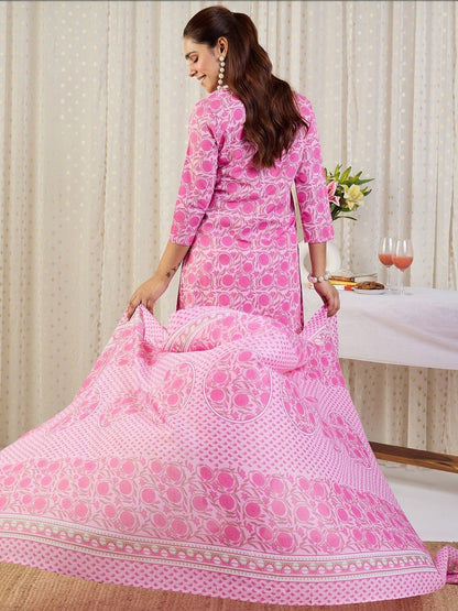 Women Floral Printed Regular Pure Cotton Kurta with Trousers & With Dupatta