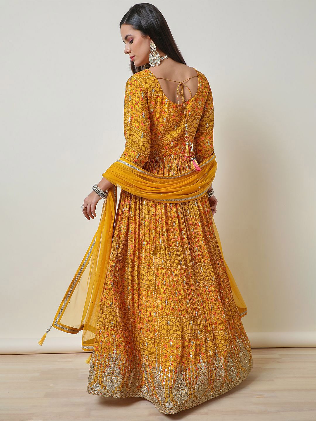 Dhiyona SO Women's Women Floral Printed Empire Sequinned Kurta with Churidar & With Dupatta