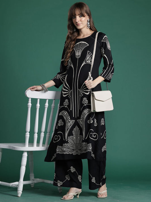 Dhiyona IE Printed Straight Tunic With Trousers Co-Ords