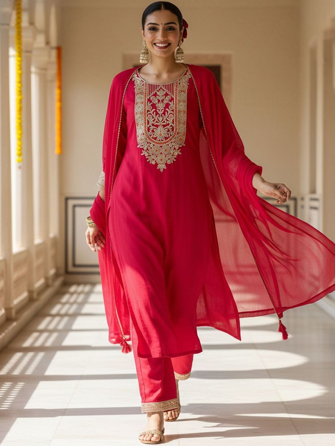 Ethnic Motifs Embroidered Thread Work Kurta With Trousers & Dupatta