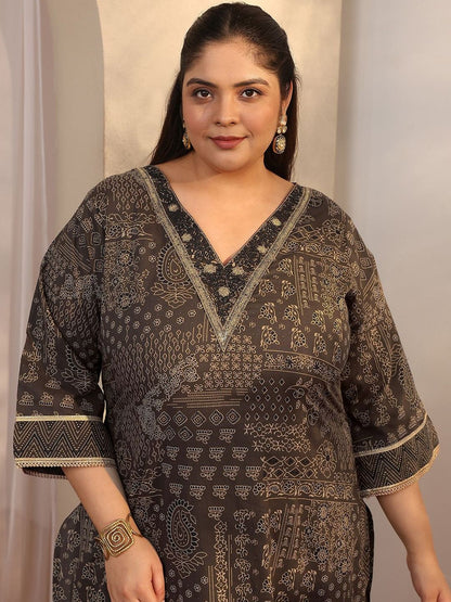 Dhiyona Women's Plus Size Ethnic Motifs Printed Kurta with Trousers & Dupatta