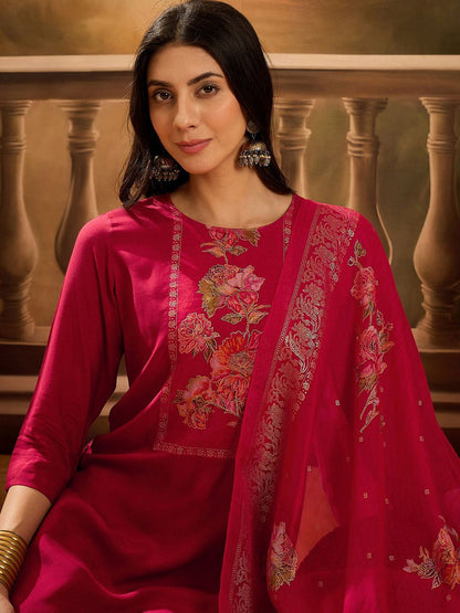 Dhiyona SN Women's Floral Printed Round Neck Kurta With Trousers & Dupatta Set