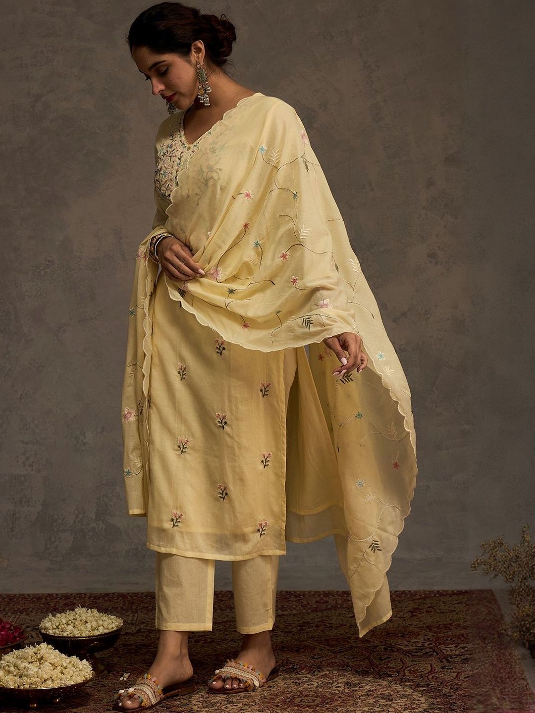 Women Floral Embroidered Pure Cotton Kurta with Trousers & Dupatta