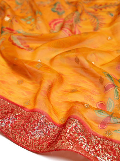 Dhiyona SO Women's Floral Printed Beads and Stones Organza Straight Kurta With Trouser And Dupatta