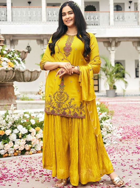 Dhiyona CH Embroidered Round Neck Chinon Sequinned Kurta With Palazzos & Dupatta