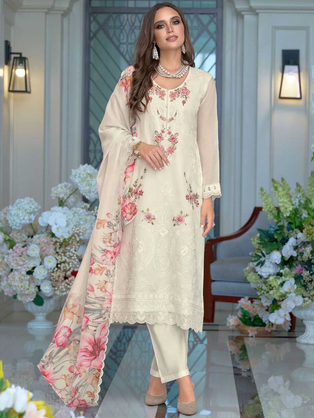 Women Ethnic Motifs Embroidered Regular Organza Kurta with Trousers & Dupatta