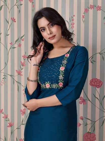 Dhiyona OD  Women Round Neck Three-Quarter Sleeves Embroidered Straight Kurta