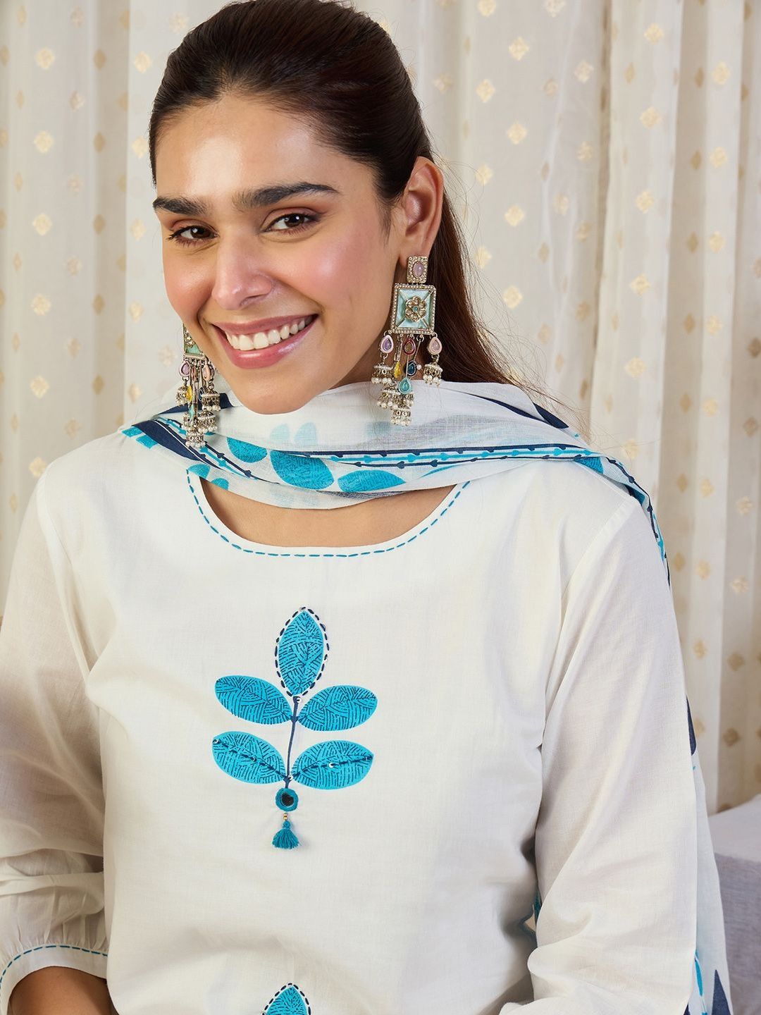 Ethnic Motifs Embroidered Thread Work Pure Cotton Kurta With Trousers & Dupatta