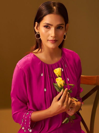 Floral Printed A-Line Mirror Work Kurta With Trouser