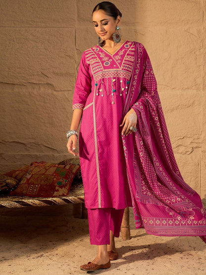 Dhiyona IE Women's Embroidered V-Neck Pure Cotton Straight Kurta With Trousers And Dupatta