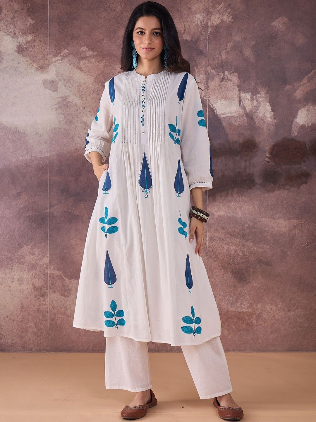 Ethnic Motifs Printed Band Collar Thread Work Pure Cotton Kurta With Trousers