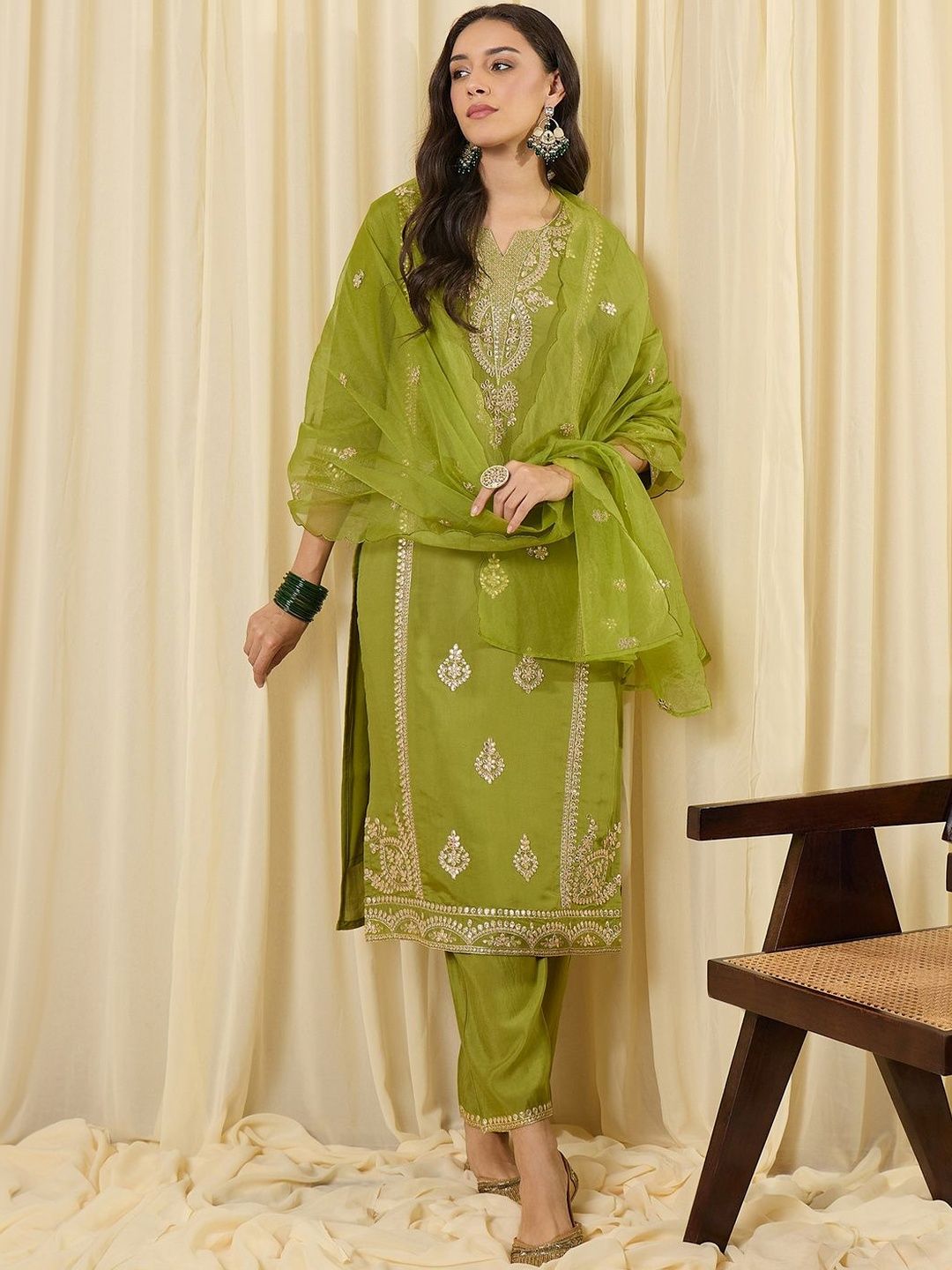 Women Ethnic Motifs Embroidered Regular Sequinned Kurta with Trousers & With Dupatta