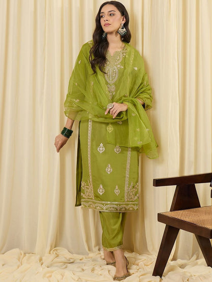 Women Ethnic Motifs Embroidered Regular Sequinned Kurta with Trousers & With Dupatta