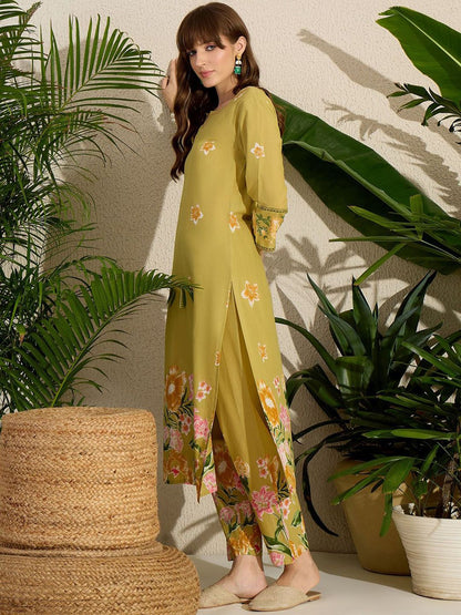 Dhiyona IE Printed Notch Neck Straight Pure Cotton Kurta With Pants