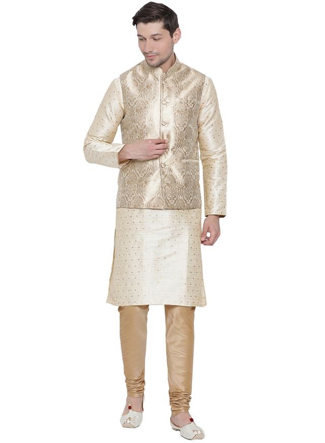Men's Gold Silk Blend Straight Jacket  Kurta and Pyjama Set