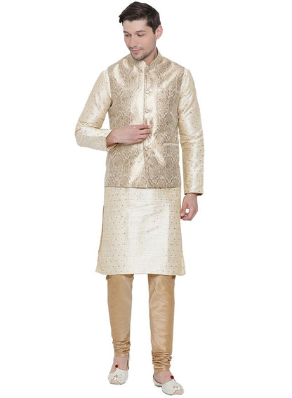 Men's Gold Silk Blend Straight Jacket  Kurta and Pyjama Set