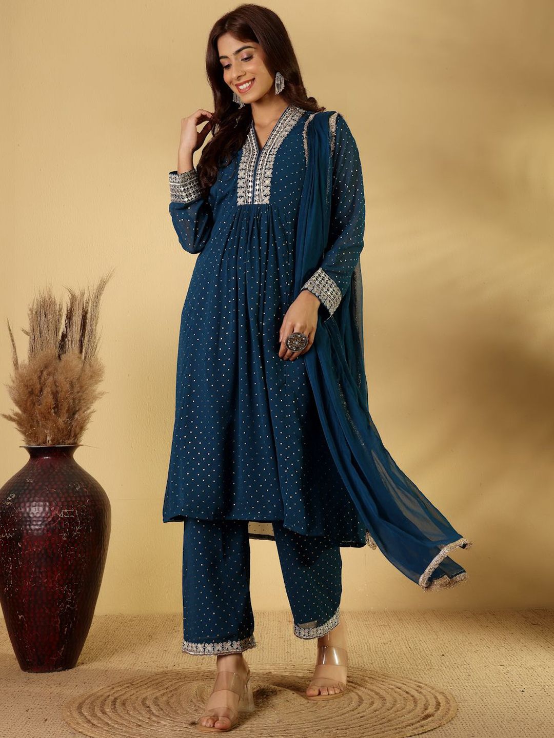 Dhiyona PD Women Floral Yoke Design V-Neck Straight Kurta With Trousers And Dupatta