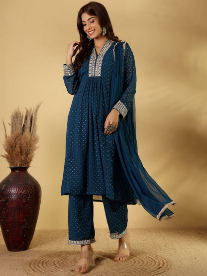 Dhiyona PD Women Floral Yoke Design V-Neck Straight Kurta With Trousers And Dupatta
