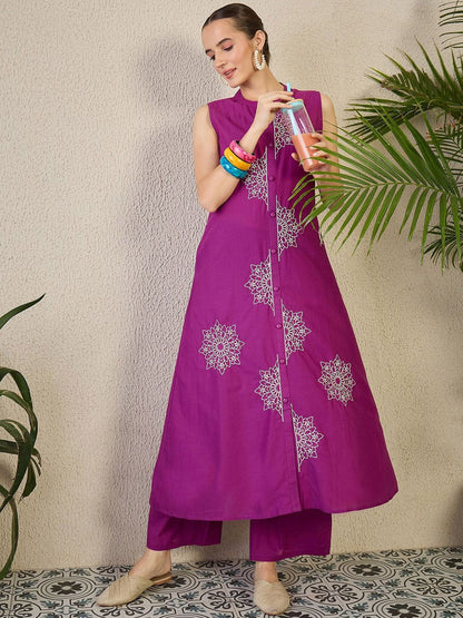Dhiyona IE Floral Embroidered A-Line Pure Cotton Kurta With Trousers