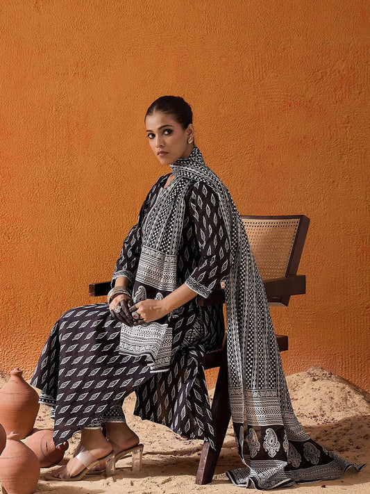 Dhiyona IE Geometric Printed Mirror Work Pure Cotton Straight Kurta With Palazzos & Dupatta