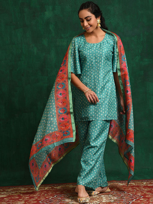 Dhiyona SN Women's Green Bandhani Printed Flared Sleeves Straight Kurta With Palazzo & Dupatta