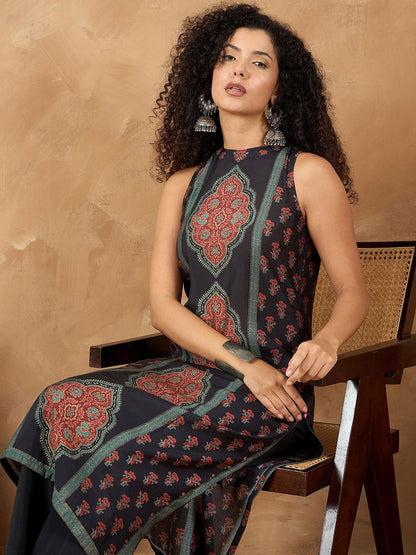 Dhiyona VA Women'sFloral Printed Sleeveless Straight Kurta With Trousers