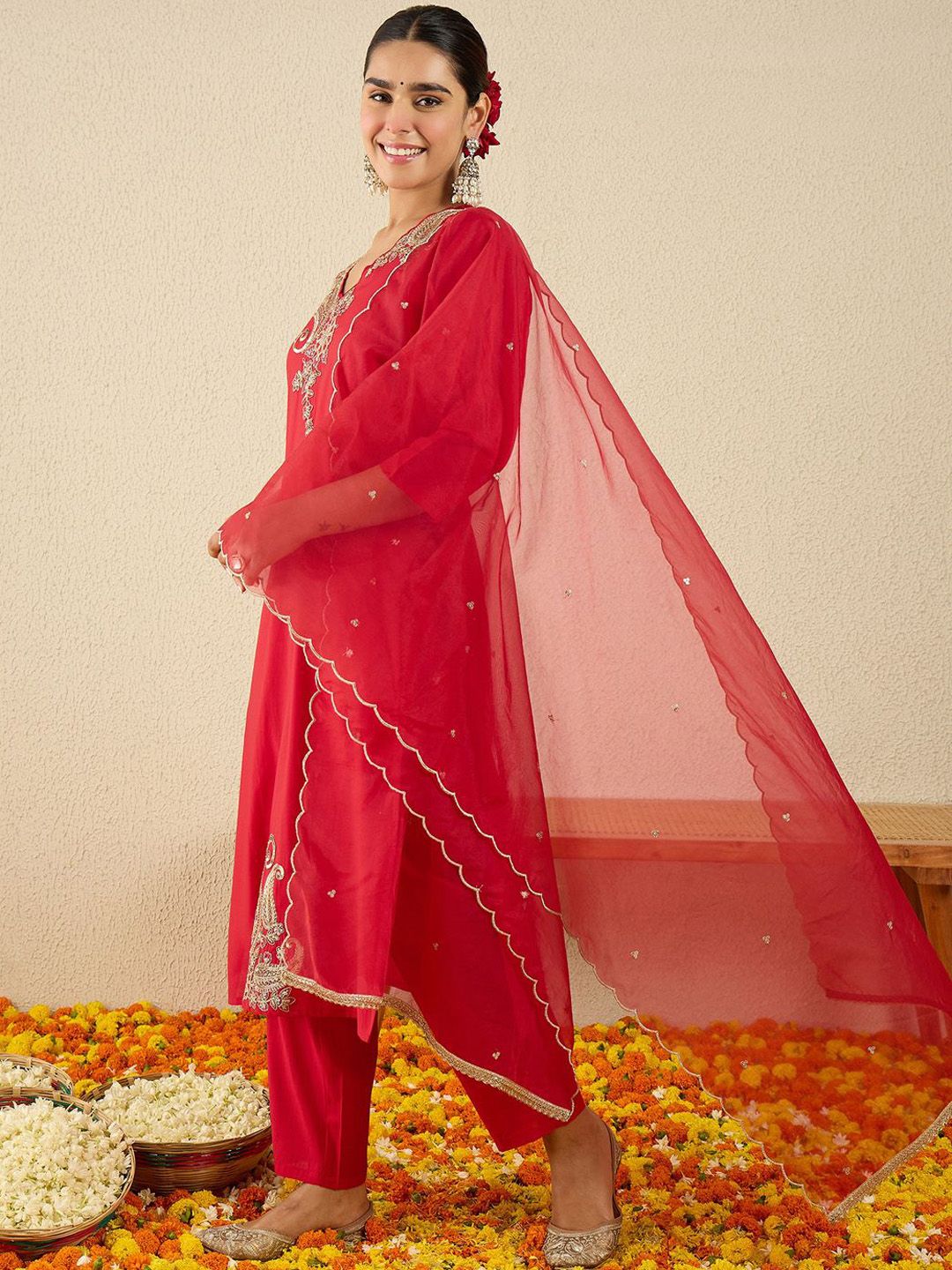 Paisley Embroidered Sequinned Liva Straight Kurta With Trousers & Dupatta