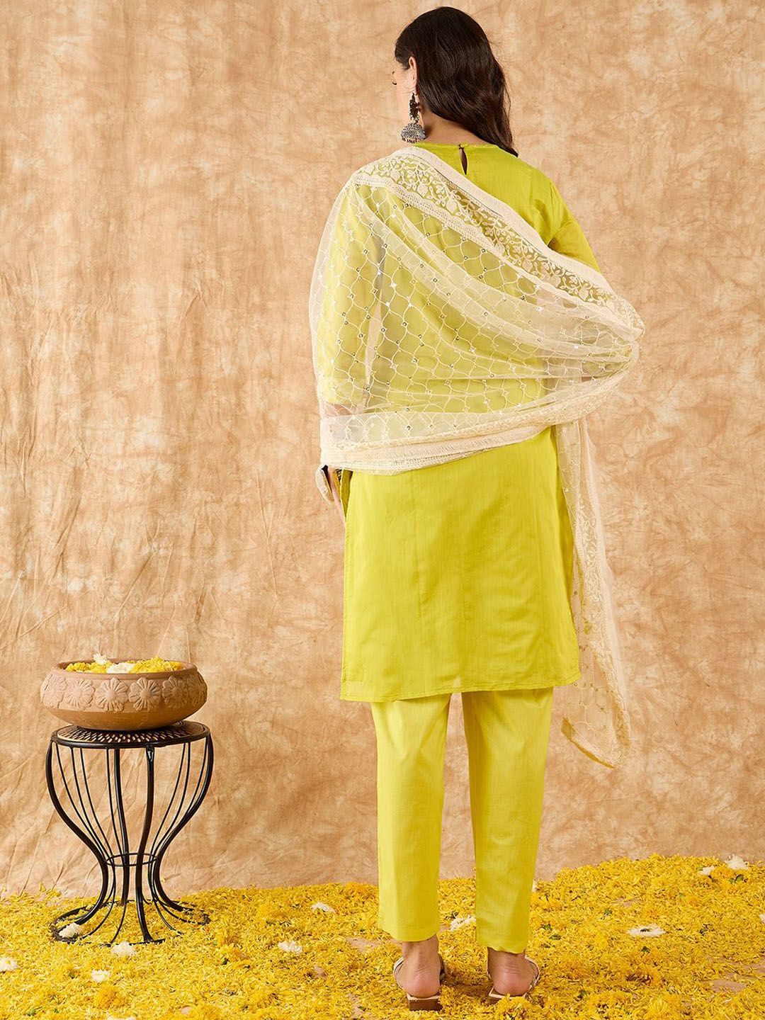 Embroidered Straight Sequinned Chanderi Cotton Kurta with Trousers & Dupatta