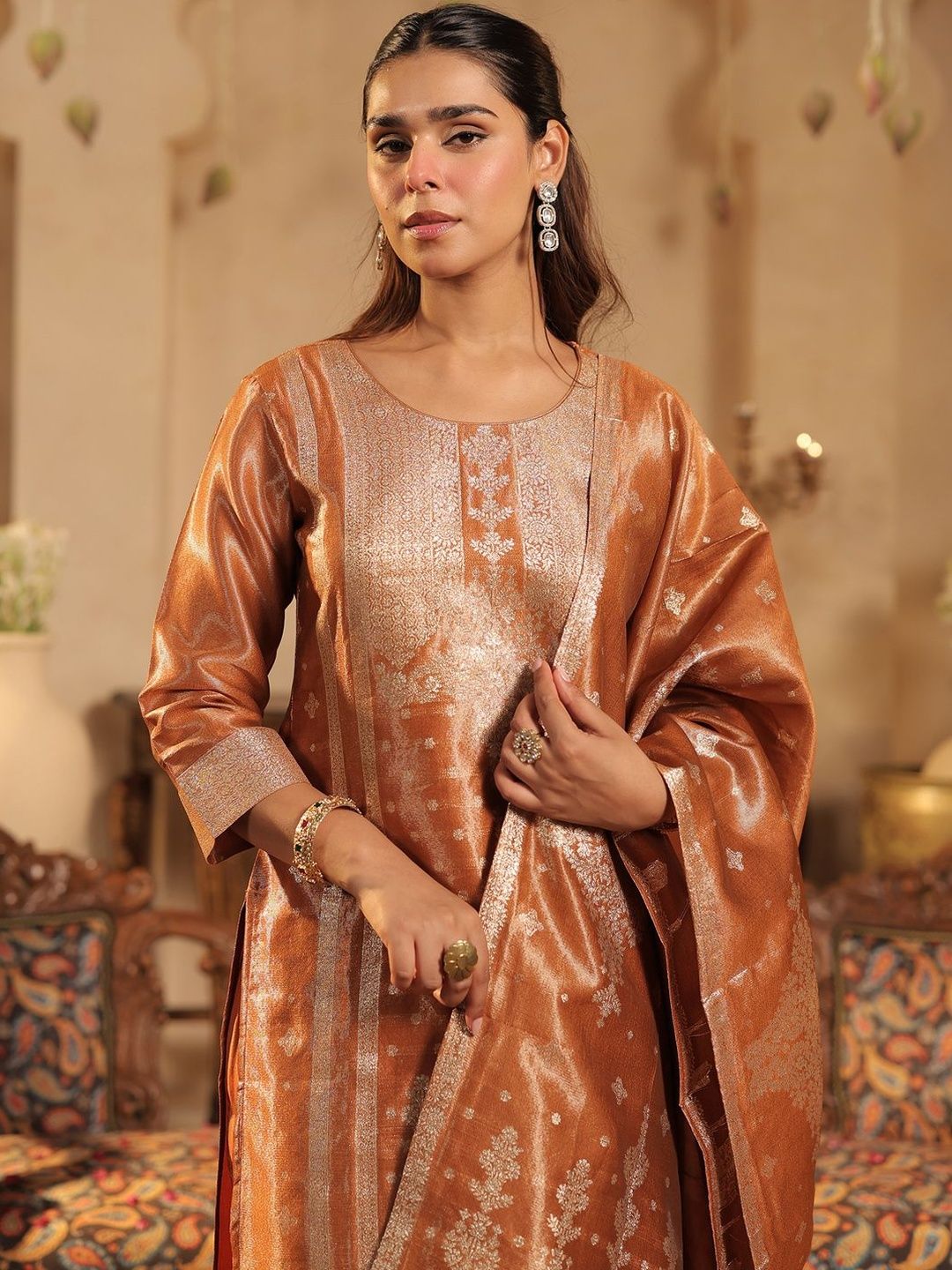 Dhiyona IE Ethnic Motifs Woven Design Round Neck Straight Kurta &Trousers With Dupatta