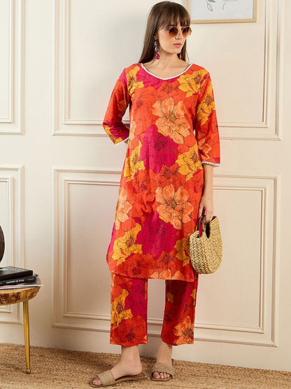 Floral Printed V-Neck Pure Cotton Straight Kurta With Trousers