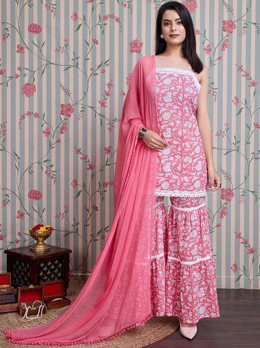 Dhiyona OD  Floral Printed Pure Cotton Straight Kurti with Sharara & Dupatta