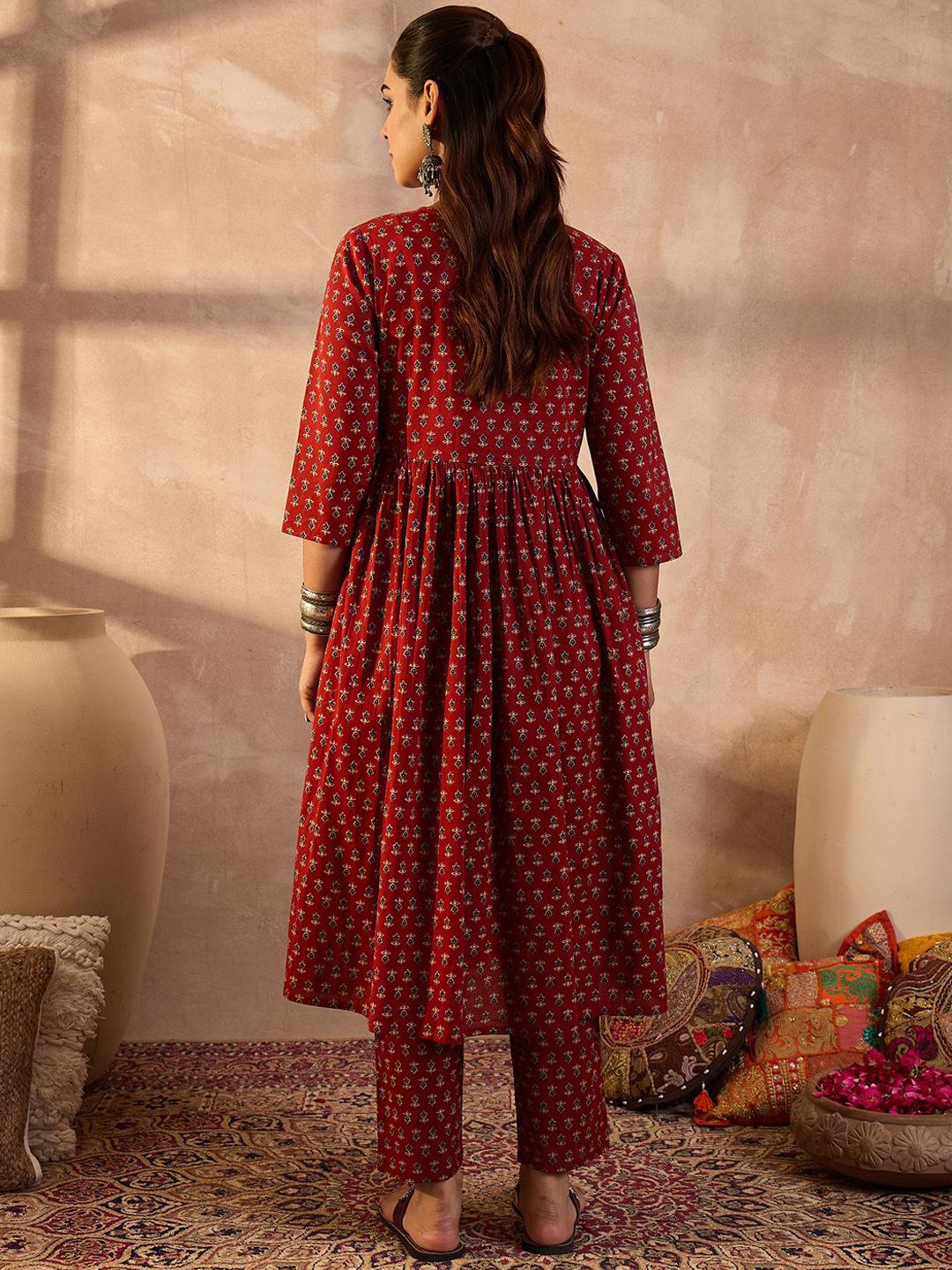 Dhiyona IE Floral Printed V-Neck Pure Cotton Tunic With Trousers